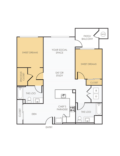 Floor plan for 2 beds, 2 baths, 1185 sqft
